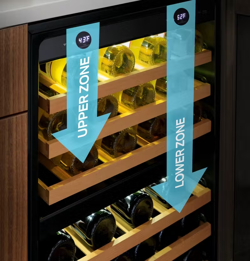 GE Profile Wine Center with dual temperature zones, featuring upper and lower compartments set to optimal temperatures for storing both red and white wines, perfect for holiday entertaining.