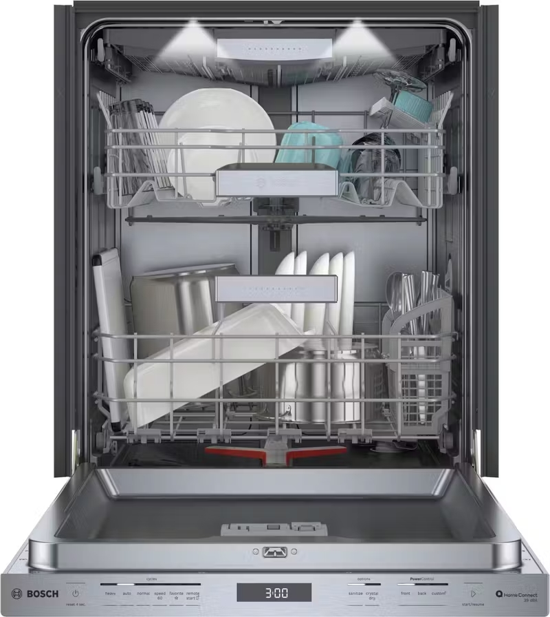 Bosch Benchmark Dishwasher with fully loaded racks, showcasing its large capacity and CrystalDry™ technology, ensuring dishes, including plastics, come out spotless and dry, perfect for quick cleanup after holiday gatherings.