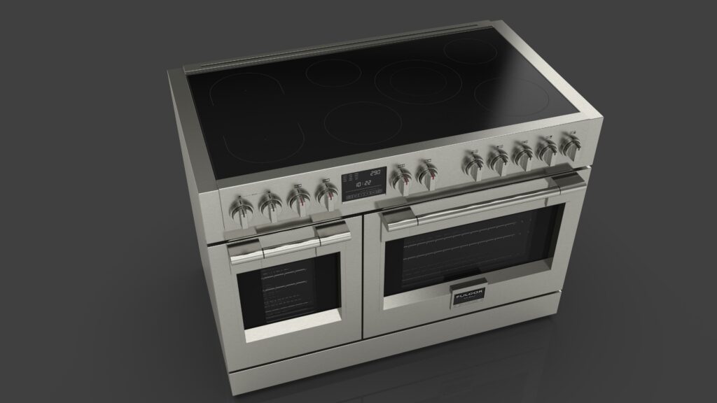 Fulgor Milano Sofia Pro induction range with a sleek stainless steel finish, dual convection ovens, a smooth black ceramic glass cooktop, ergonomic knobs, and a digital display—perfect for modern kitchens.