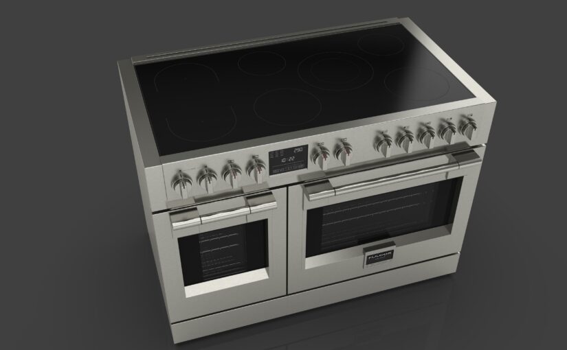 Fulgor Milano Sofia Pro induction range with a sleek stainless steel finish, dual convection ovens, a smooth black ceramic glass cooktop, ergonomic knobs, and a digital display—perfect for modern kitchens.